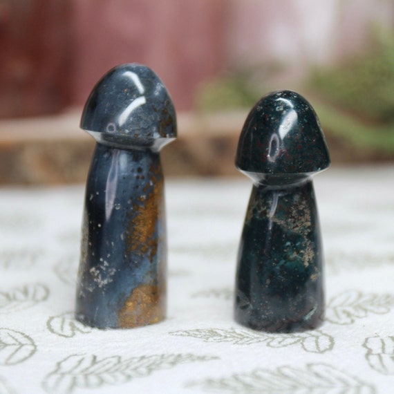 A+ Ocean Jasper Mushroom Pair, 1.5 oz Carved Orbicular Jasper Crystal Mushrooms from Indonesia