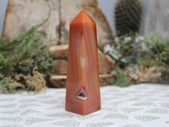 AAA+ Banded Carnelian Crystal Obelisk Tower with Druzy Geode, 5.9 oz Polished Crystal from Indonesia