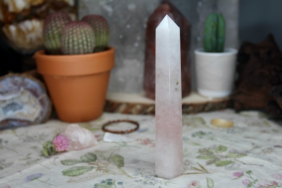 Rose Quartz All Polish Crystal Generator Point with Rainbow Foils and Faden Lines, 5.9 oz