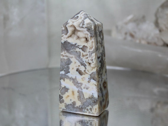 Flower Agate and Quartz Crystal Obelisk with Druzy, AAA Quality, 9.7 oz Crystal Tower from Indonesia, High Vibration, Energy Cleansed