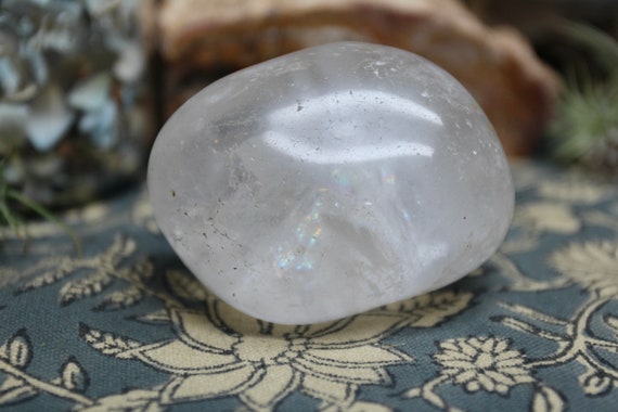 AA+ 0.55 lb Clear Quartz Polished Crystal with Rainbow Foils, Crystal Palmstone,  Exceptional Quality, 8.8 oz from Brazil