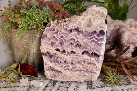AA+ Chevron Amethyst Crystal Slab with Rainbows, 43.1 oz Amethyst and Quartz Slab