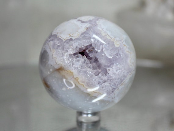 61.8 mm Purple Snow Agate Crystal Sphere w/ Druzy, 10.9 oz AAA+ Quality Rare Crystal from Indonesia, Energy Cleansed, Reiki Charged Ball