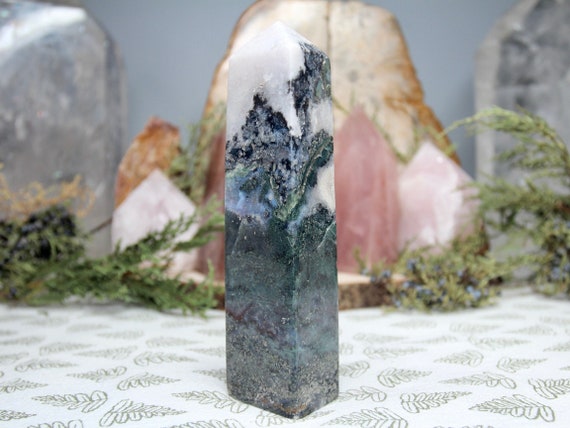 AA 0.65 lb Moss Agate and Bloodstone Tower with Druzy, 10.4 oz Polished Agate Obelisk from Indonesia