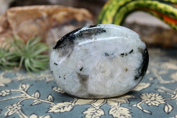 Rainbow Moonstone Crystal Palm Stone with Tourmaline and Inclusions , 4.3 oz Crystal from Brazil