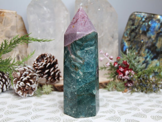 AA++ 2.45 lb Teal and Lavender Ocean Jasper Polished Crystal Tower, 39.2 oz Jasper Point from Brazil