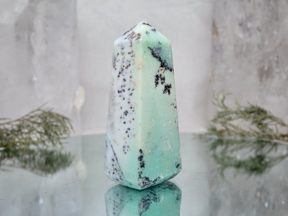 0.84 lb Dendritic Agate and Chrysoprase Crystal Obelisk, AAA Quality Rare Stone, 13.5 oz Chrysoprase Tower from Indonesia