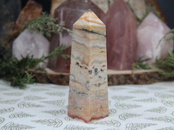 A+ Natural Crazy Lace Agate Tower with Druzy, 5.3 oz Rare Pink Agate Obelisk from Indonesia