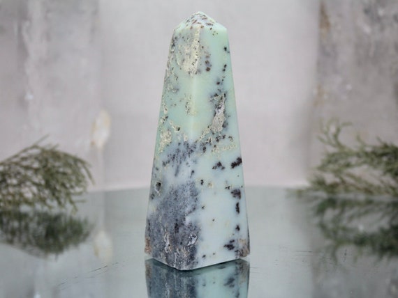 0.59 lb Dendritic Agate and Chrysoprase Crystal Obelisk, AAA+ Quality Rare Stone, 9.4 oz Chrysoprase Tower from Indonesia