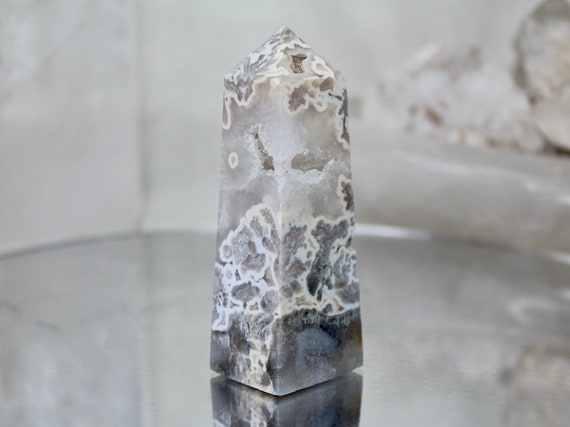 Flower Agate and Quartz Crystal Obelisk with Druzy, AAA++ Quality, 7.1 oz Crystal Tower from Indonesia, High Vibration, Energy Cleansed