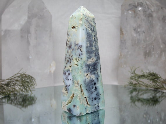 1.24 lb Dendritic Agate and Chrysoprase Crystal Obelisk, AAA+ Quality Rare Stone, 19.9 oz Chrysoprase Tower from Indonesia