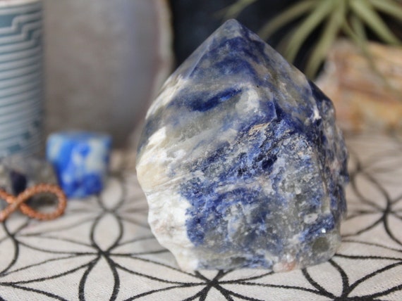 AA Sodalite Crystal Generator Point, 7.7 oz Raw Edge With Top Polish from Brazil