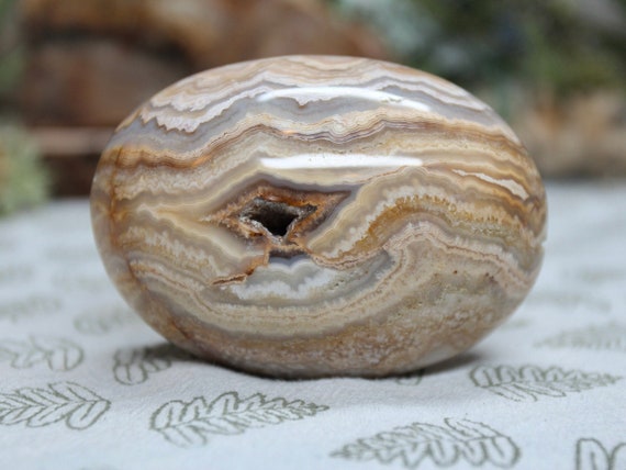 Rare AAA++ Natural Lace Agate Crystal Palmstone with Druzy, 6.4 oz Polished Large Palmstone, Hand Stone from Indonesia