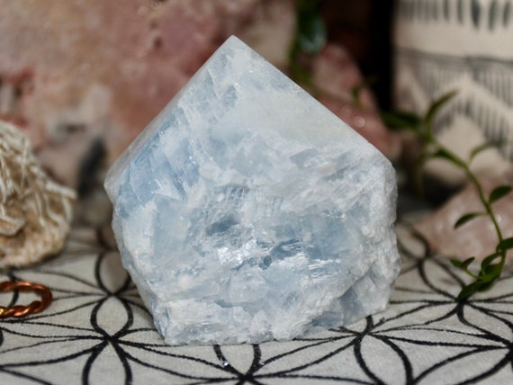 A+ Blue Calcite Crystal Point, Top Polish Raw Edge, 11.0 oz from Brazil
