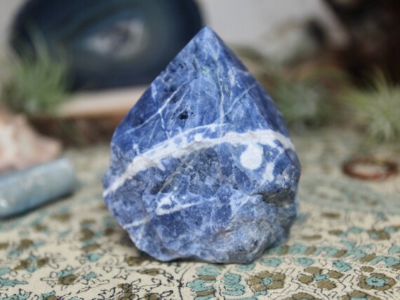 AA+ Sodalite Crystal Generator Point, 7.0 oz Raw Edge With Top Polish, from Brazil