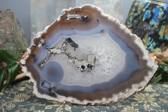 AA+ Grey, Tan and White Orca Agate Geode Slice with Clear Quartz Crystal, 20.6 oz from Brazil