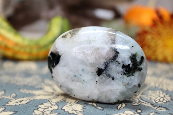 A+ Rainbow Moonstone Crystal Palm Stone with Tourmaline and Inclusions , 4.5 oz Crystal from Brazil