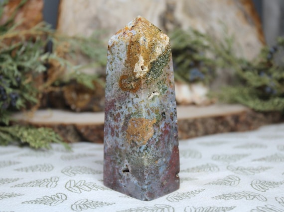 AAA+ Ocean Jasper Obelisk with Druzy and Agate, 7.3 oz Polished Tower Point from Indonesia