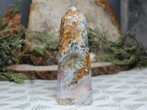 AAA+++ Ocean Jasper Tower with Druzy and Clear Quartz, 9.7 oz Polished Generator Point from Indonesia