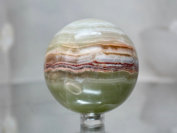 60.2 mm Green Banded Calcite Sphere, AAA+ Quality, 10.8 oz Crystal Ball from Indonesia, High Vibration, Reiki Charged, Free Fast Shipping