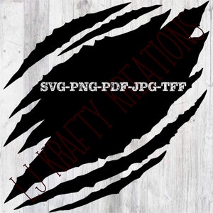 May include: Black and white graphic of a claw mark, with the text "SVG-PNG-PDF-JPG-TTF" in the center.