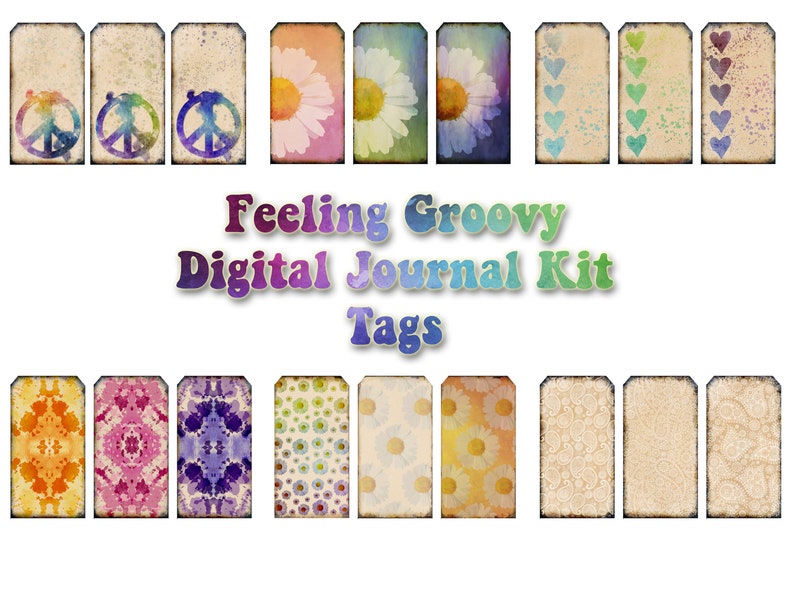 Feeling Groovy The Complete Collection junk journal digital papers, tie dye printable, paisley journal kit, boho ephemera, tags, envelopes image 8