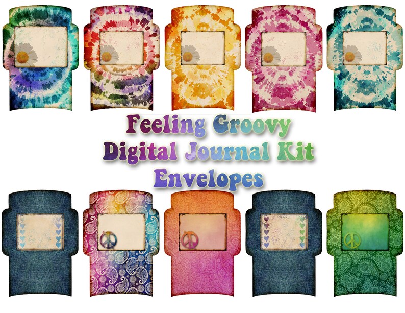 Feeling Groovy The Complete Collection junk journal digital papers, tie dye printable, paisley journal kit, boho ephemera, tags, envelopes image 6