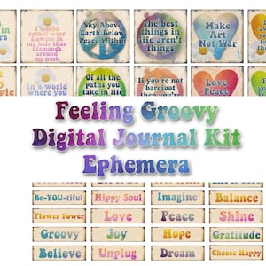 Feeling Groovy journal kit ephemera, tie dye ephemera, peace symbol, hearts, word tiles, hippie printable journal kit, boho digital kit