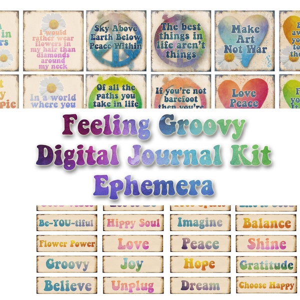 Feeling Groovy journal kit ephemera, tie dye ephemera, peace symbol, hearts, word tiles, hippie printable journal kit, boho digital kit