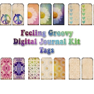 Etiquetas de kit de diário digital Feeling Groovy, etiquetas de diário tie-dye, etiquetas de diário hippie, etiquetas paisley para impressão, coisas efêmeras coloridas boho