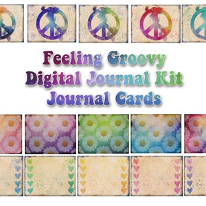 Coisas efêmeras de diário digital Feeling Groovy, cartões de diário tie-dye, cartões de diário hippie, kit paisley para impressão, cartões de diário coloridos boho