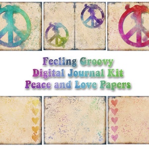 Kit de diario de signos de paz digital Feeling Groovy, páginas de diario de corazón tie dye, diario hippie, páginas imprimibles, páginas de diario de colores boho