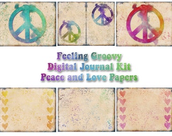 Feeling Groovy digital peace sign journal kit, tie dye heart journal pages, hippie journal, printable pages, boho colorful journal pages
