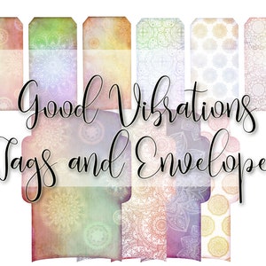 Good Vibrations digit kit tags and envelopes, mandala journal kit, boho digi kit, junk journal kit, journal embellishments