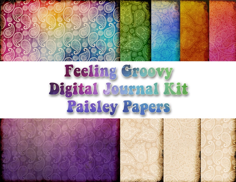 Feeling Groovy The Complete Collection junk journal digital papers, tie dye printable, paisley journal kit, boho ephemera, tags, envelopes image 2