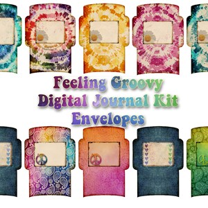 Envelopes de diário digital Feeling Groovy, envelopes tie-dye, diário hippie, envelopes paisley para impressão, envelopes coloridos boho
