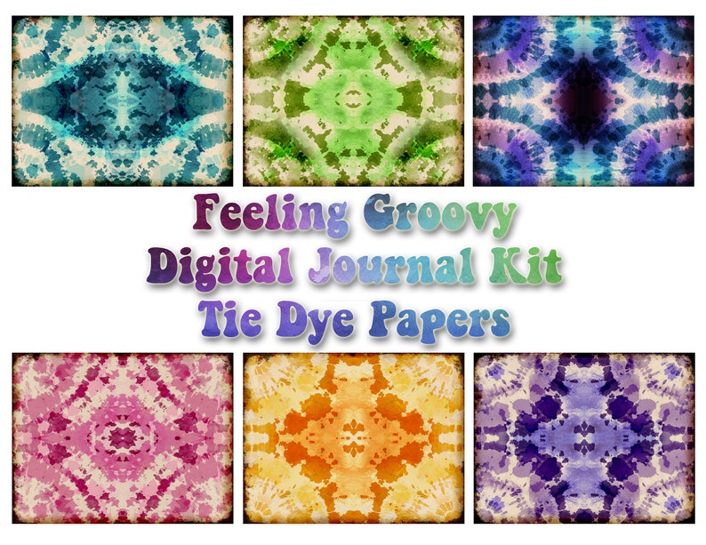 Feeling Groovy The Complete Collection junk journal digital papers, tie dye printable, paisley journal kit, boho ephemera, tags, envelopes image 4