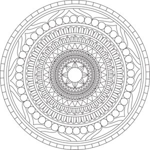 May include: A black and white mandala design with intricate patterns and circles. The design features a central star with multiple layers of geometric shapes.