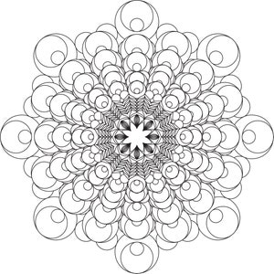 May include: A black and white mandala design with intricate circular patterns and a star-shaped center.