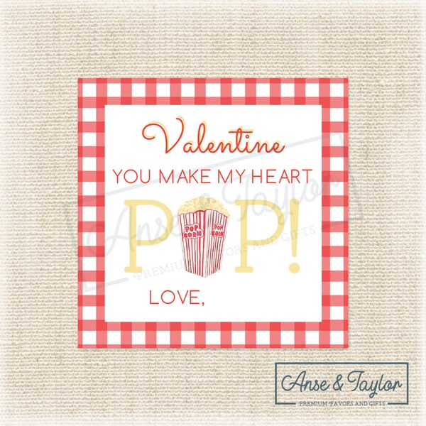 Printable - Valentine Popcorn Tag - Valentine Popcorn Favor, Class Valentine Tags, School Valentine - You Make My Heart Pop Valentine Tag