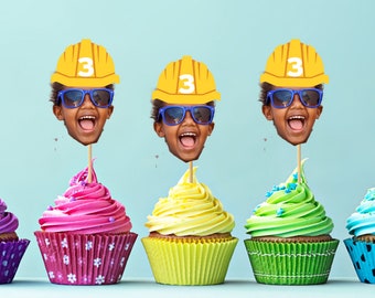 Construction hat Face Cupcake Toppers, custom cupcake toppers, graduation cupcake toppers, birthday cupcake toppers, wedding cupcake toppers