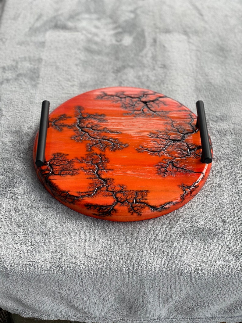 Red round fractal burned serving tray with handles
