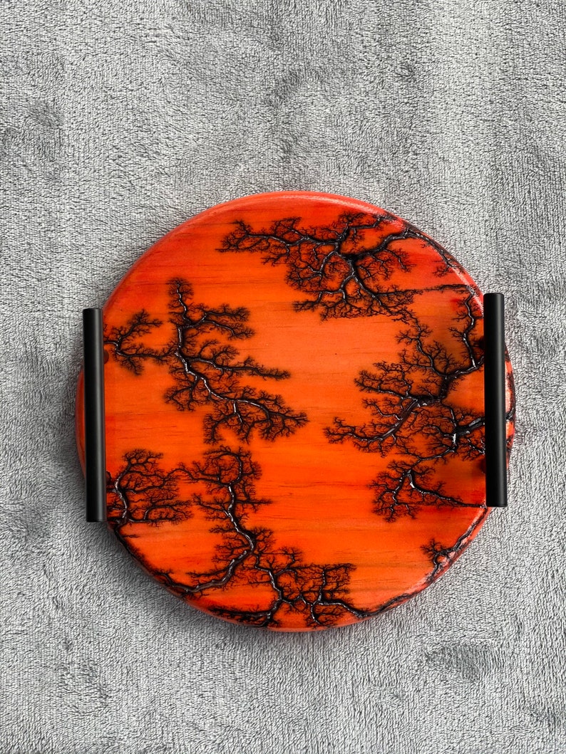 Red round fractal burned serving tray with handles