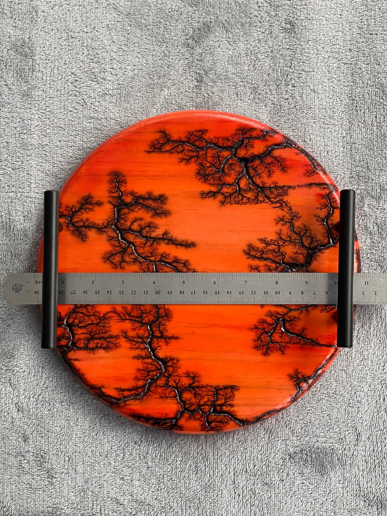 Red round fractal burned serving tray with handles