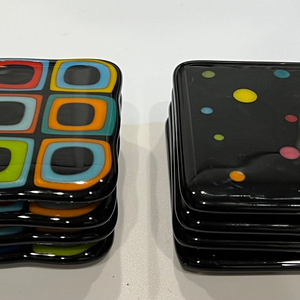 Wonderful, quirky fused glass coasters. Bright, cheerful, colorful, useful and fun. Click to see additional styles.