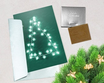 Weihnachtskarte mit Schokolade und passendem Umschlag (Motiv:  Tannenbaum aus Lichtern)