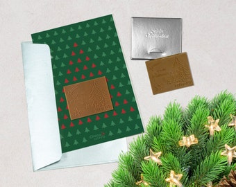 Weihnachtskarte mit Schokolade und passendem Umschlag (Motiv:  Grün mit Tannenbaum)