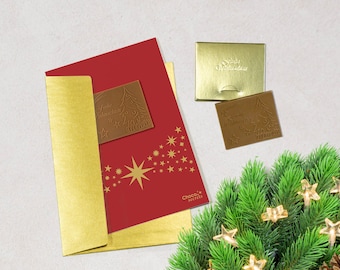 Carte de Noël avec chocolat et enveloppe assortie (motif : rouge avec ruban étoilé)
