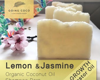 95% ORGANIC Coconut Oil Shampoo Bar with Castor oil - GROWTH - Lemon & Jasmine - Thin/Oily hair 70 g