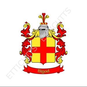Peut inclure: Un blason rouge et jaune avec une croix rouge sur un écu jaune. L'écu est entouré de feuillage rouge et vert. Un casque avec une crête rouge et jaune se trouve au-dessus de l'écu. Le texte "Bigod" est écrit sur une bannière sous l'écu.